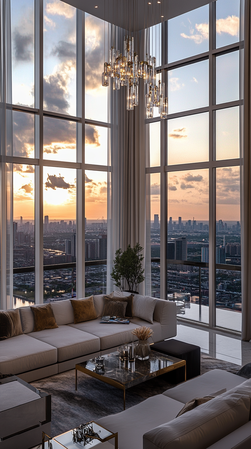 Contemporary high-rise apartment with panoramic skyline views from floor-to-ceiling windows