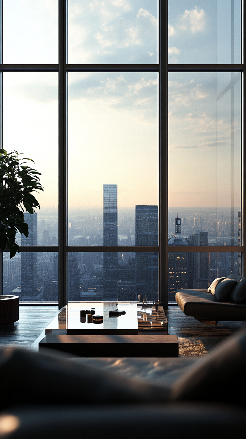Contemporary High-Rise Apartment with Skyline Views from Floor-to-Ceiling Windows