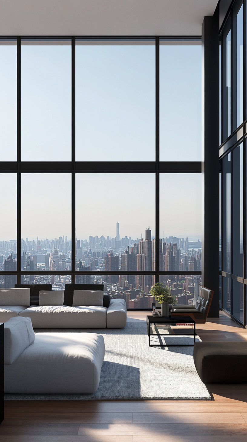 High-rise apartment with full-length windows providing views of the cityscape