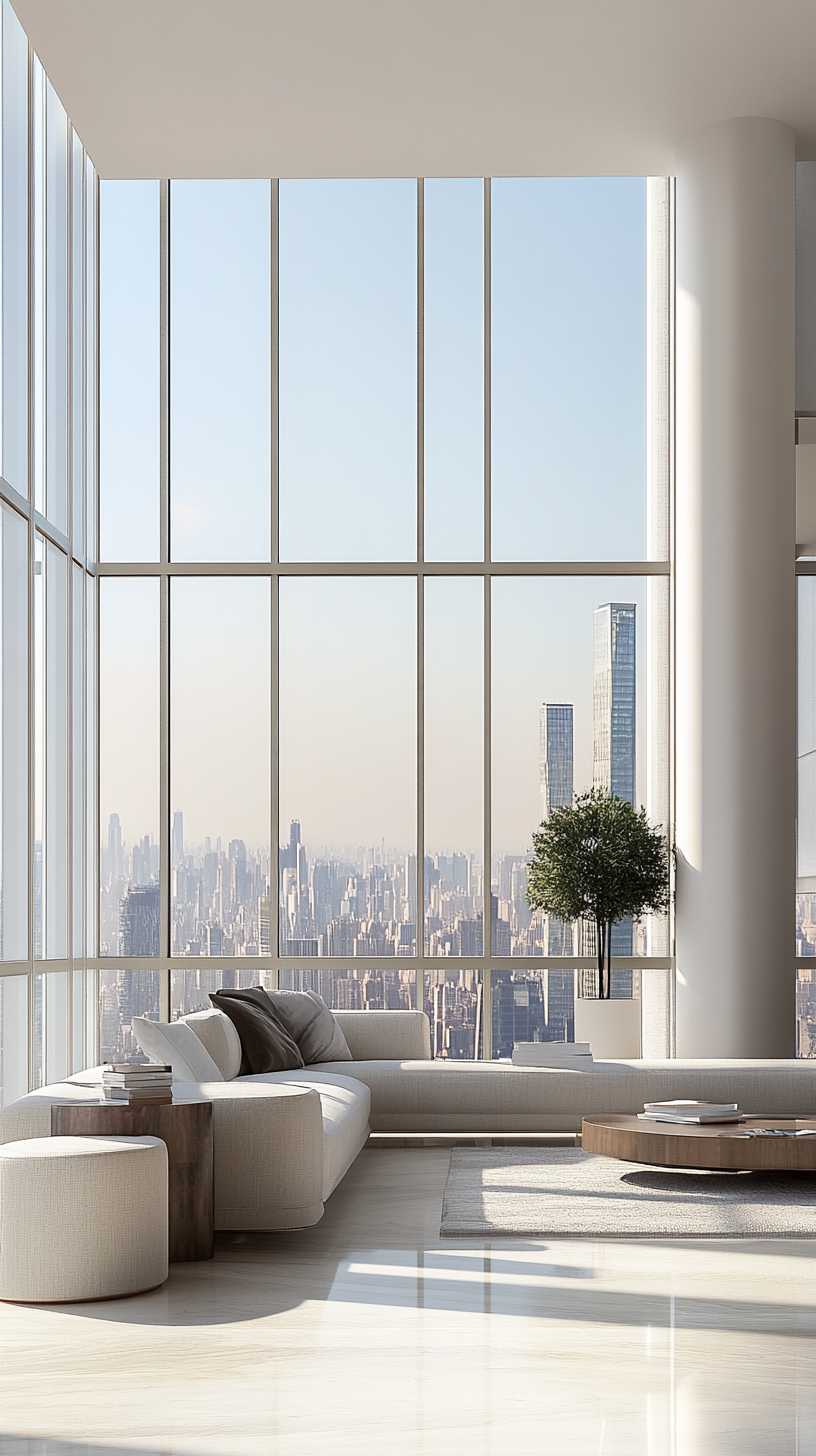 Contemporary high-rise apartment floor-to-ceiling windows skyline views image urban living lifestyle