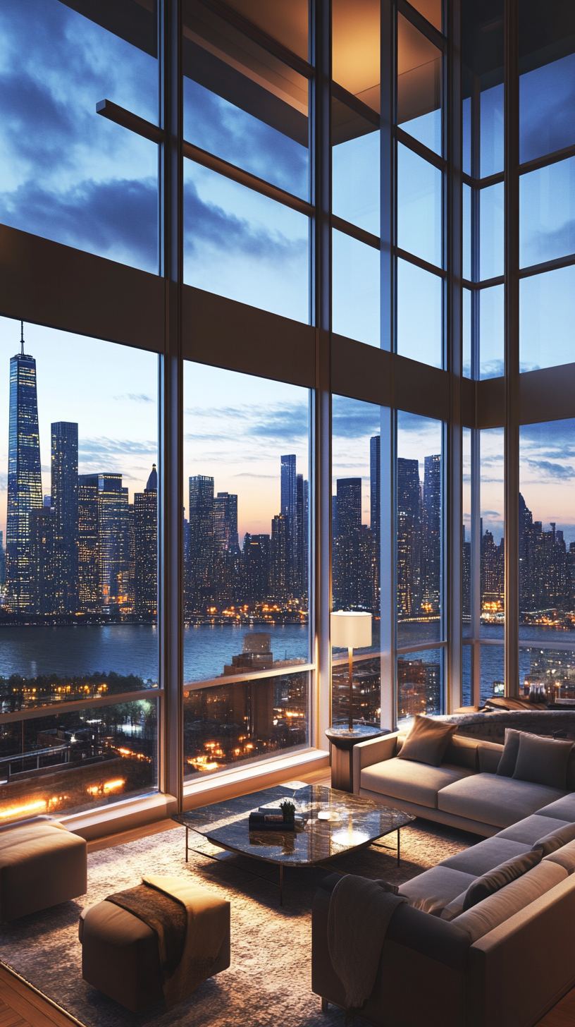 Contemporary high-rise apartment with floor to ceiling windows showcasing views of the skyline.