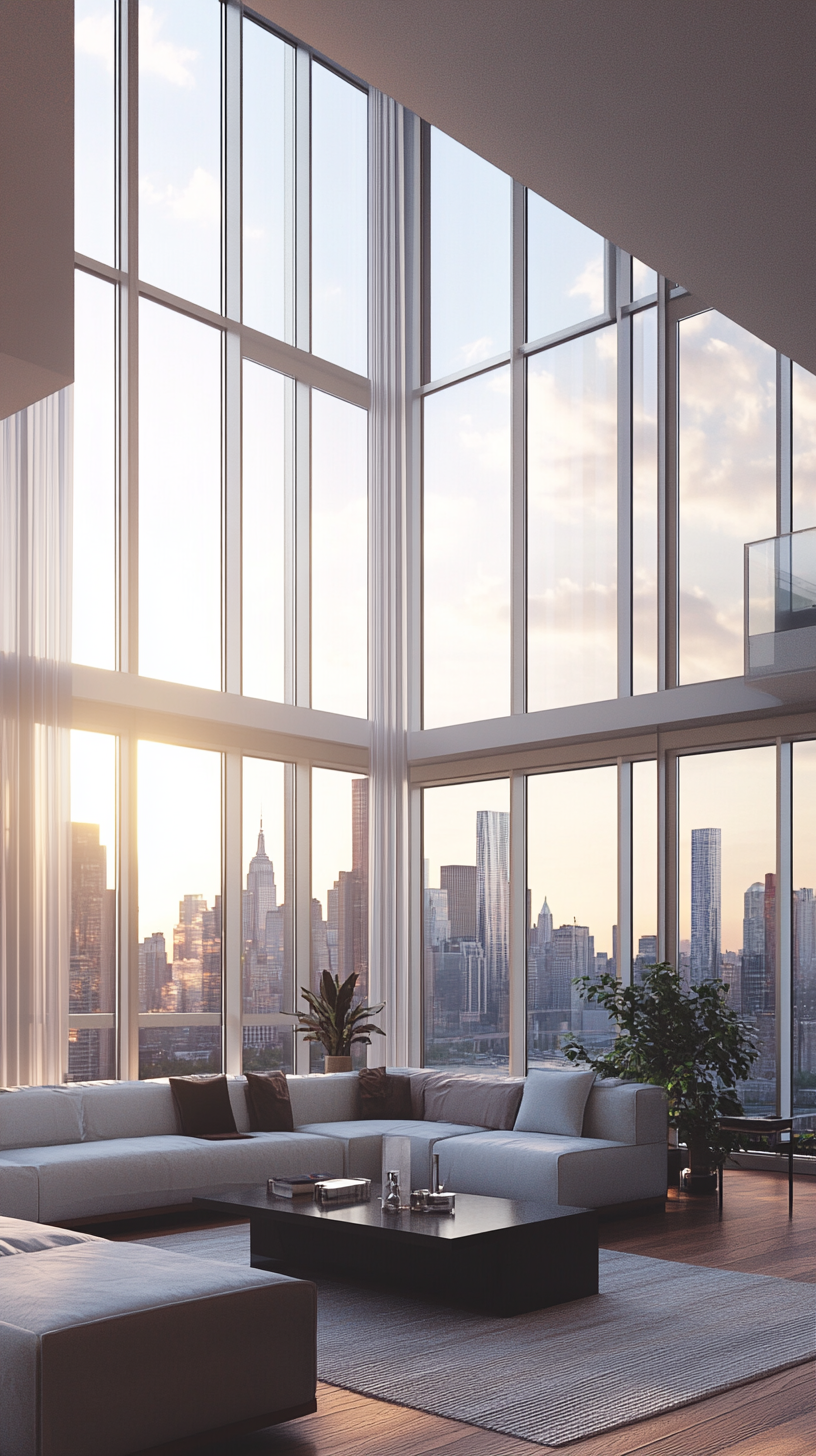 Contemporary high-rise apartment with stunning skyline views from floor-to-ceiling windows. 