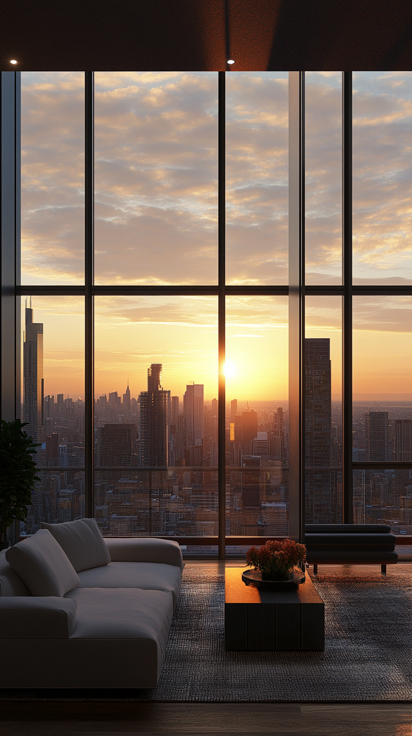 An apartment with tall windows to view the city skyline.
