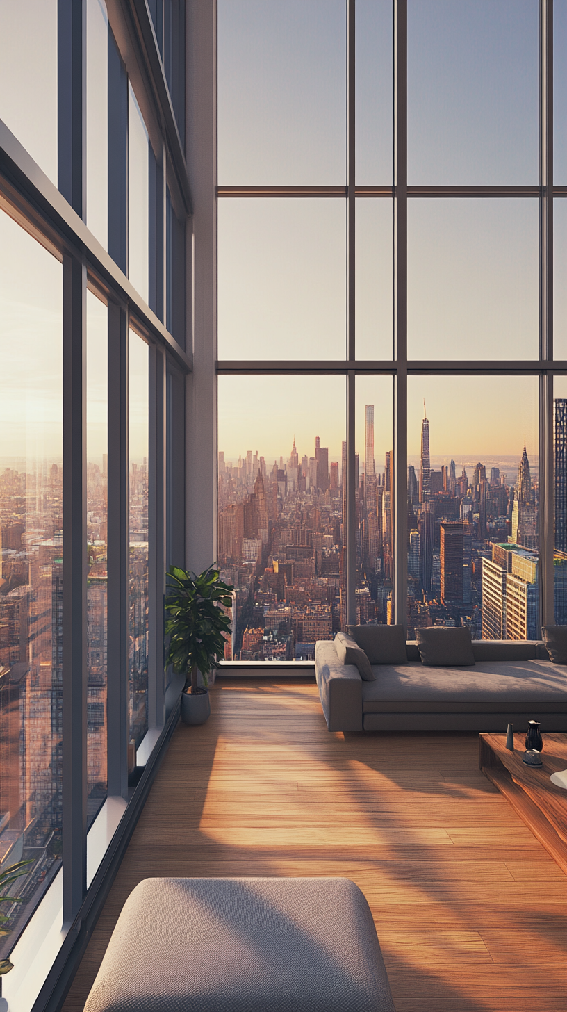 Description: Modern high-rise apartment with full-height windows providing cityscape vistas