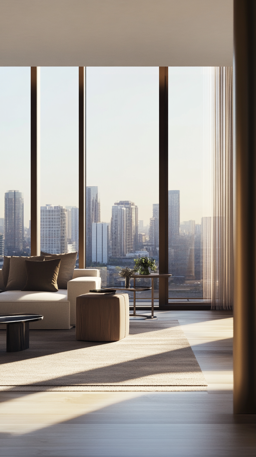 Contemporary high rise apartment with panoramic skyline views from full length windows