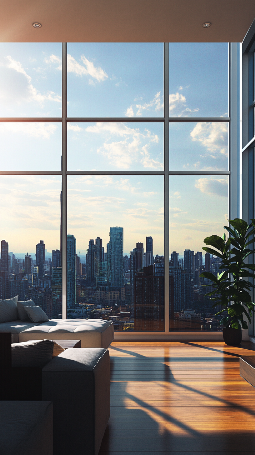 Skyline Views from High-Rise Apartment with Floor-to-Ceiling Windows