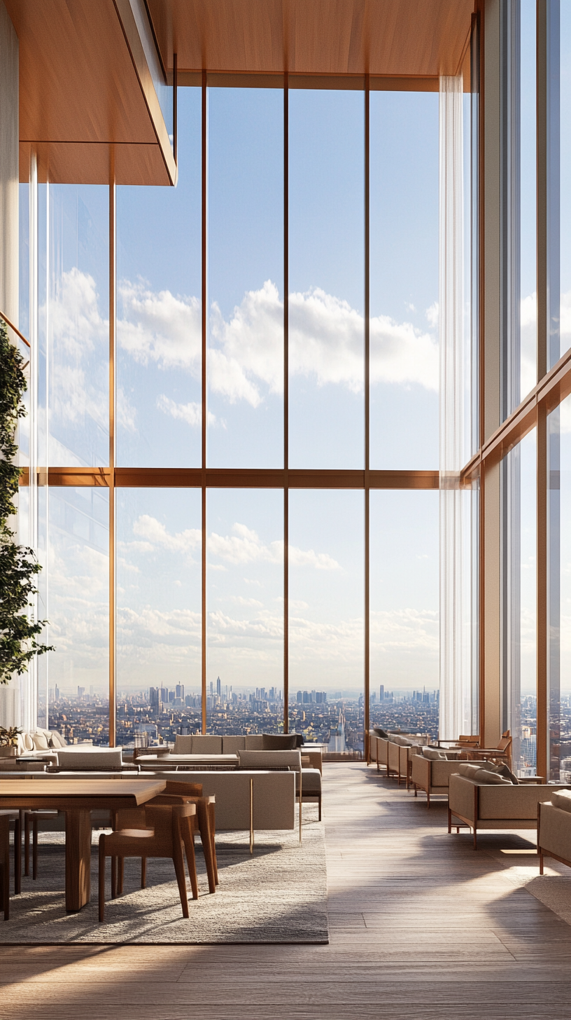 A modern high-rise apartment featuring panoramic skyline views through floor-to-ceiling windows