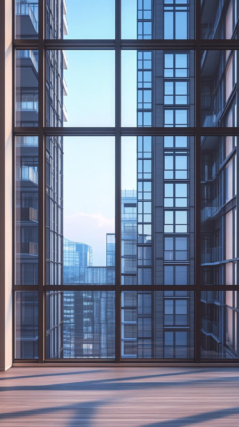 Contemporary high rise apartment concept with floor to ceiling windows and skyline views.