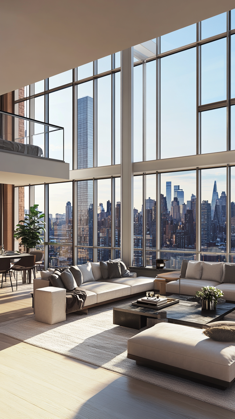 Modern apartment with tall windows and city views