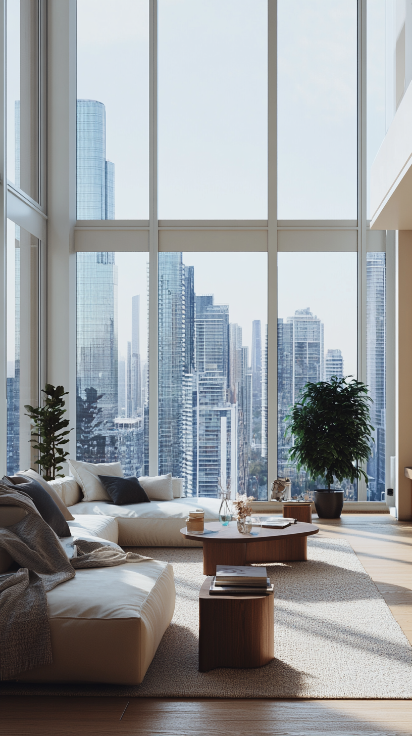 Modern high-rise apartment with panoramic skyline windows.