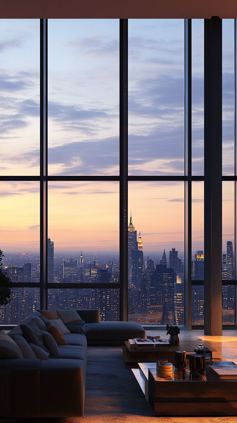 Contemporary sky-high apartment with panoramic city views from floor to ceiling windows.