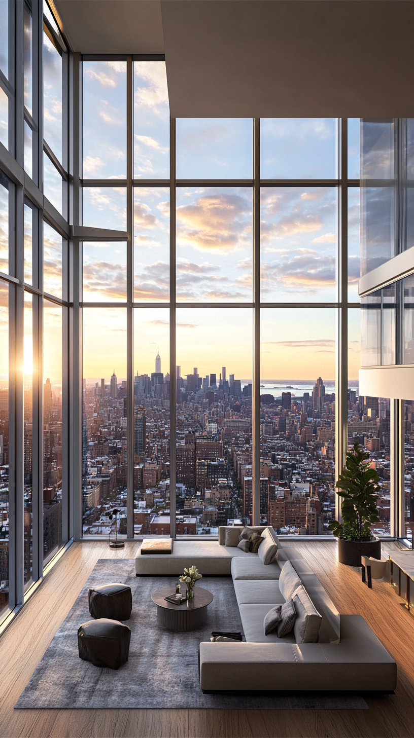 Picturesque high-rise apartment showcasing breathtaking skyline views from floor-to-ceiling windows