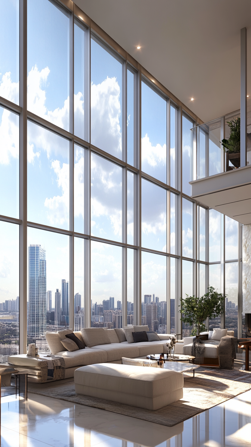 Contemporary high-rise apartment with skyline views through floor-to-ceiling windows
