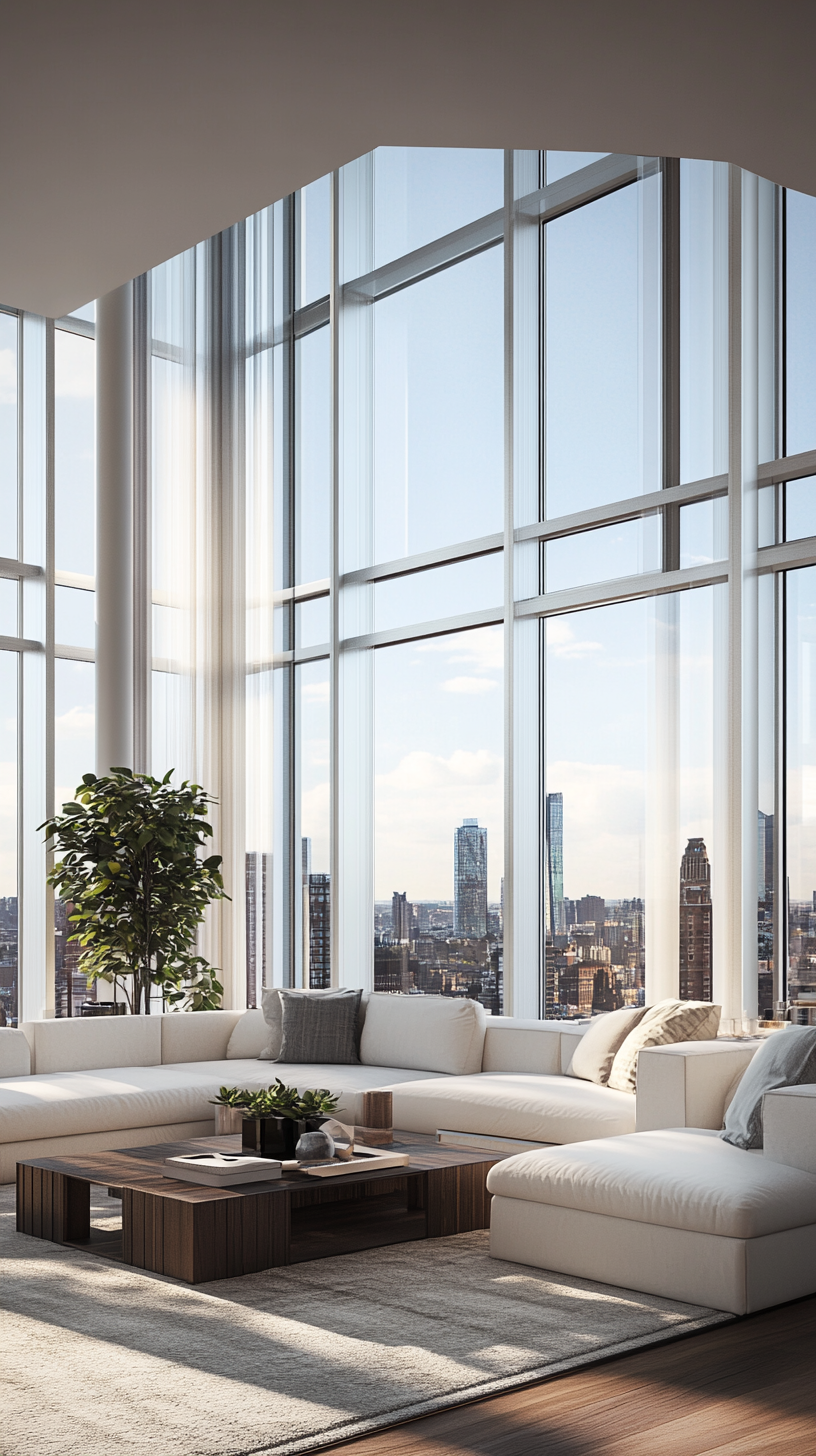 Contemporary high-rise apartment with full-length windows showcasing cityscape panorama.