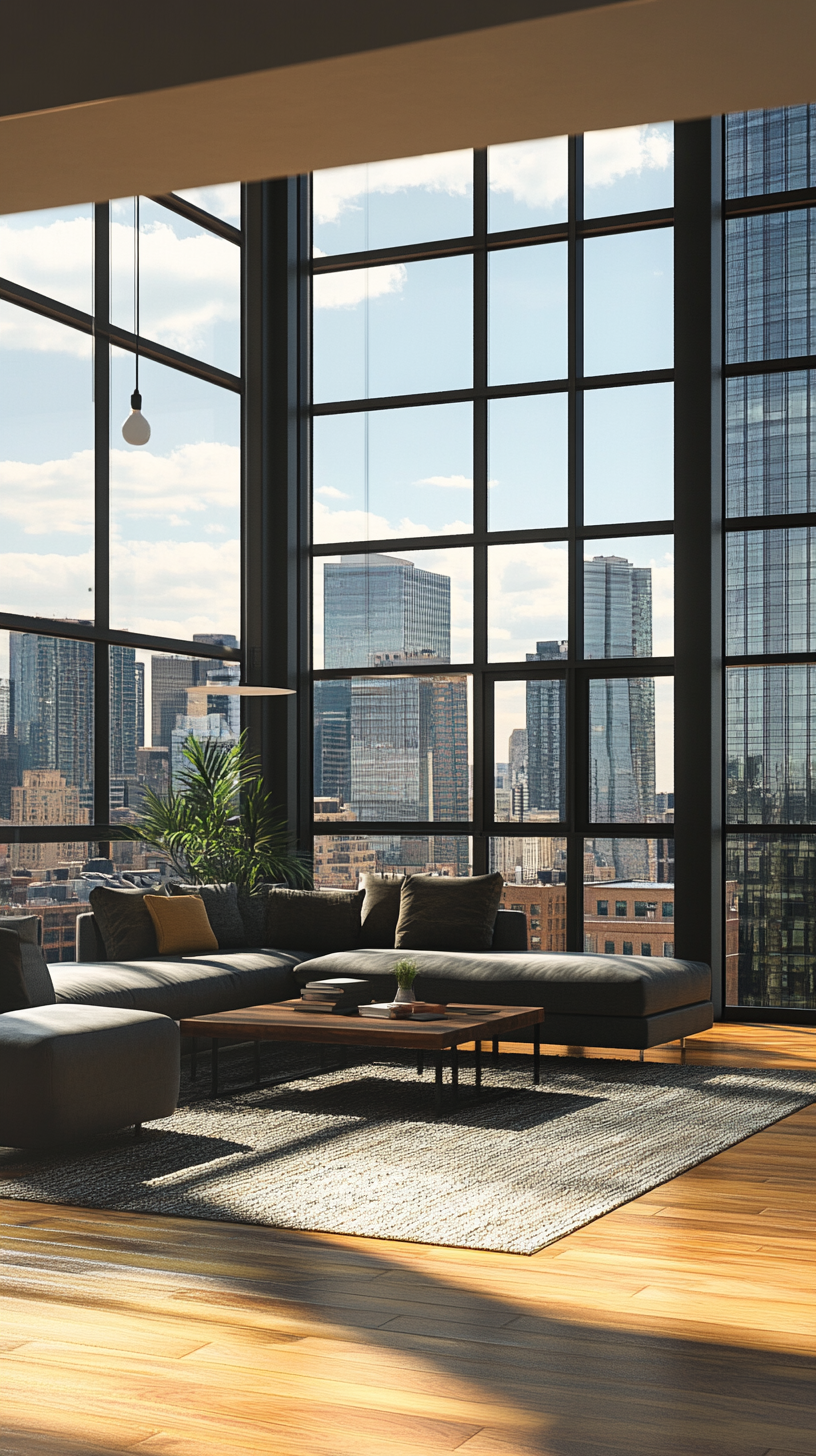 Contemporary high-rise apartment with sky view windows.