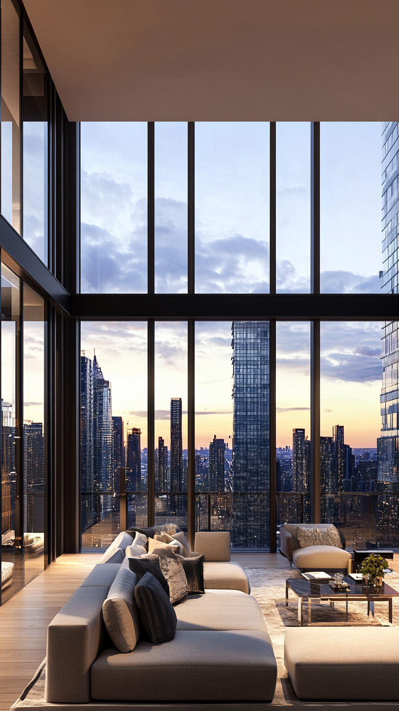 Modern highrise apartment with cityscape views through full-length windows