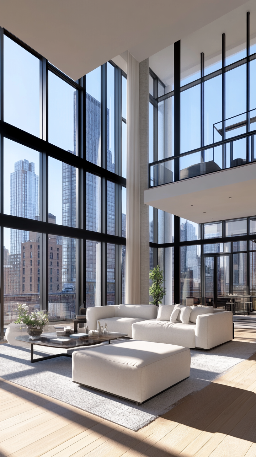 Contemporary High-Rise Apartment with Stunning Skyline Views from Floor-to-Ceiling Windows