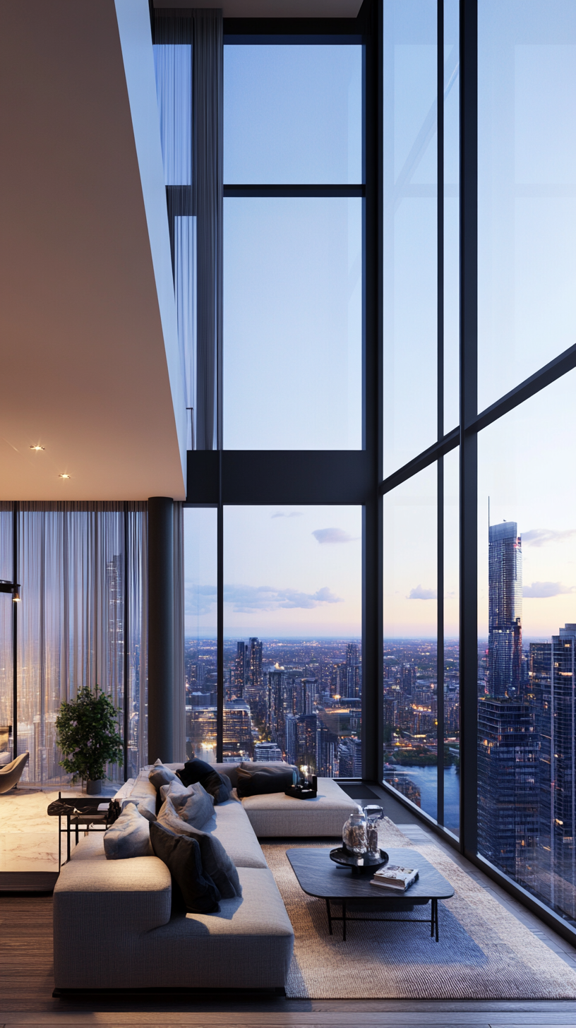 Contemporary high-rise apartment showcasing stunning skyline views through floor-to-ceiling windows.