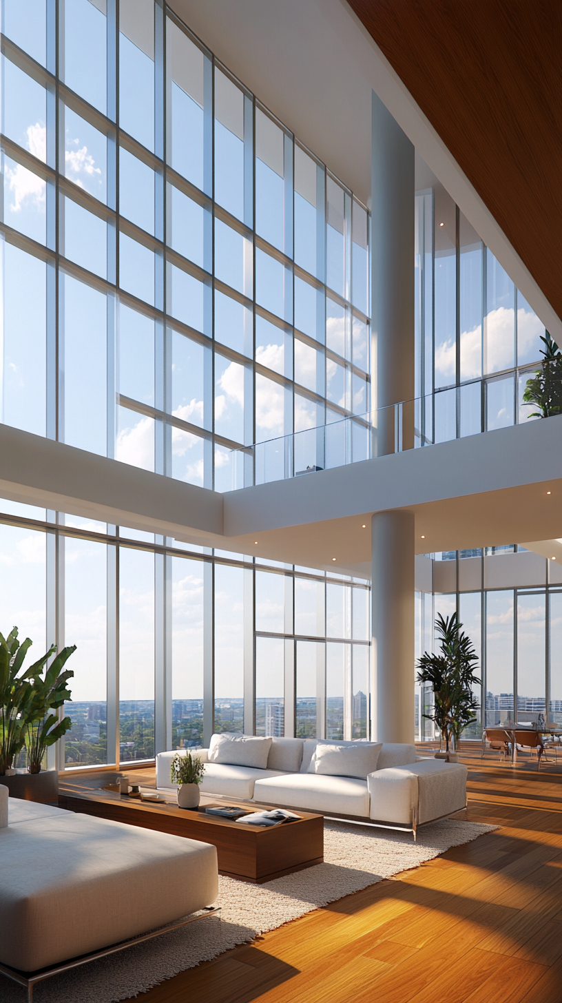 Modern high-rise apartment featuring panoramic city views from floor-to-ceiling windows