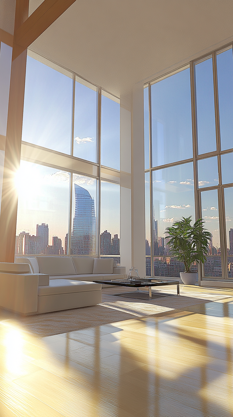 A modern skyscraper flat showcasing panoramic city vistas from tall windows.