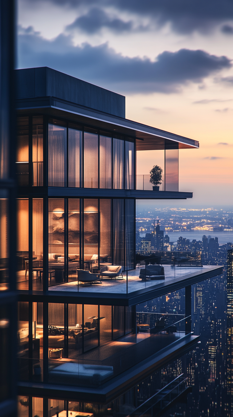 Title: Modern high-rise apartment showcasing floor-to-ceiling windows and stunning city views