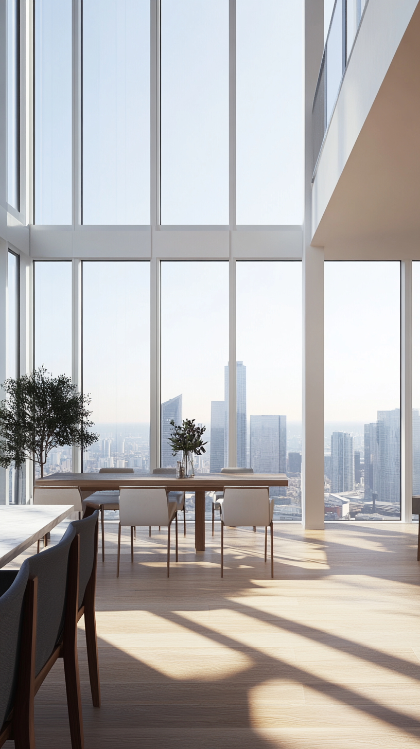 Floor-to-ceiling windows lift views in contemporary high-rise.