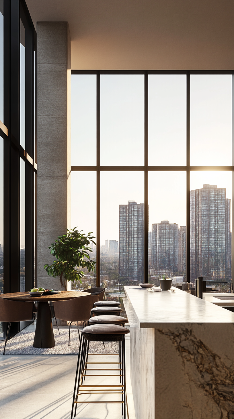 Contemporary high-rise apartment with panoramic skyline views from floor-to-ceiling windows