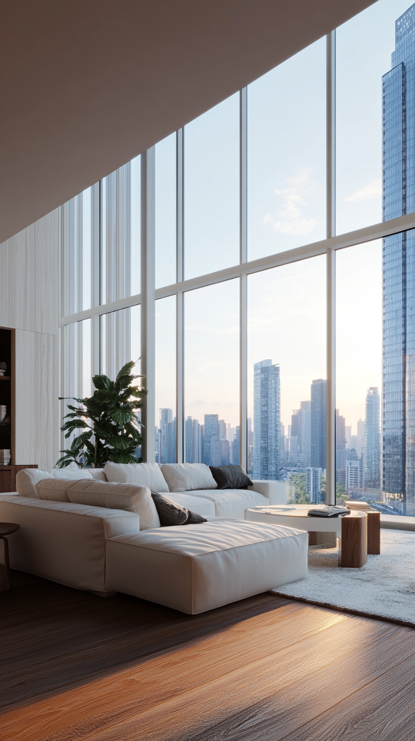 View from a modern high-rise apartment with full-length windows showcasing urban vistas