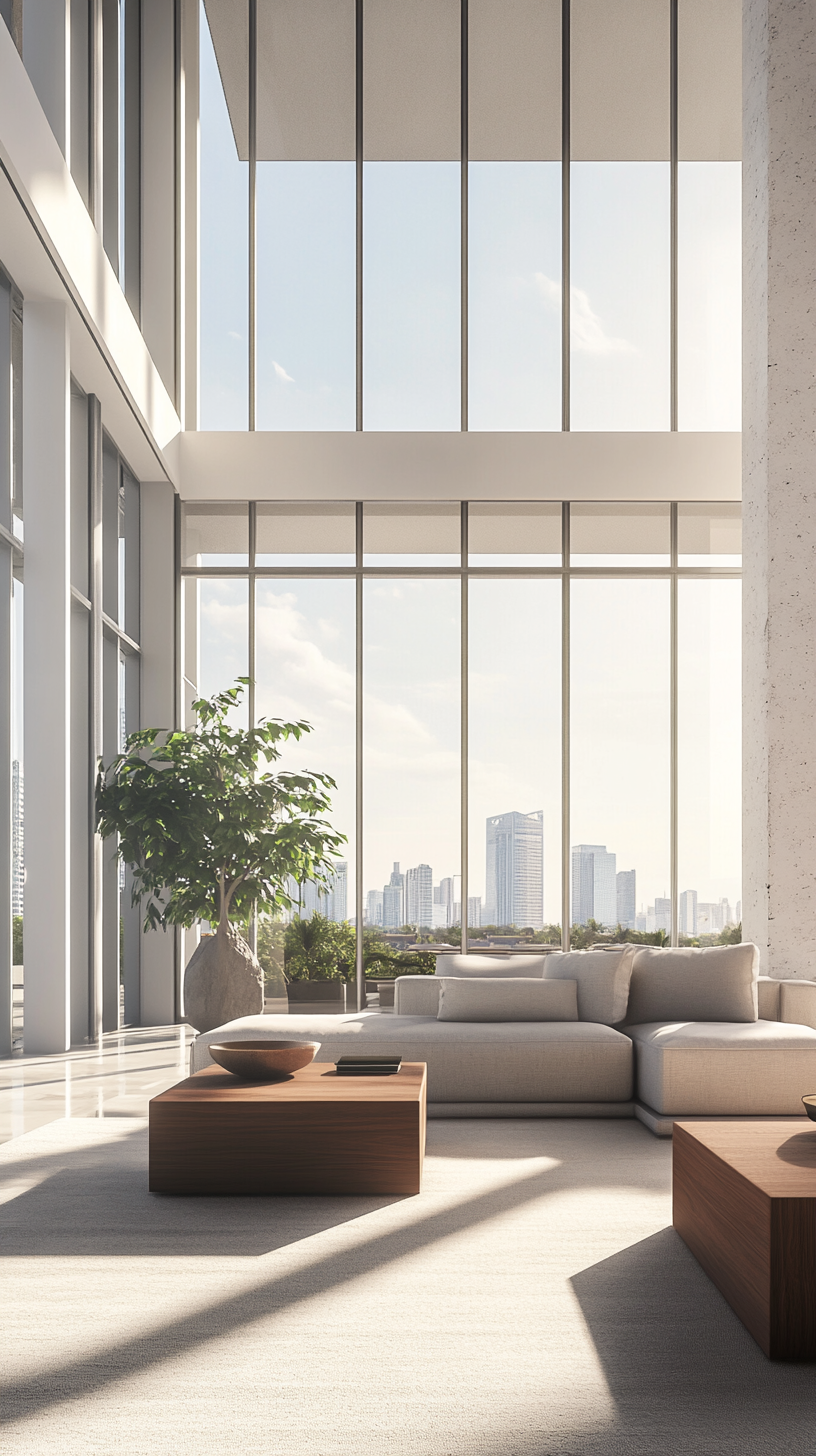 Modern high-rise apartment with panoramic skyline views through floor-to-ceiling windows