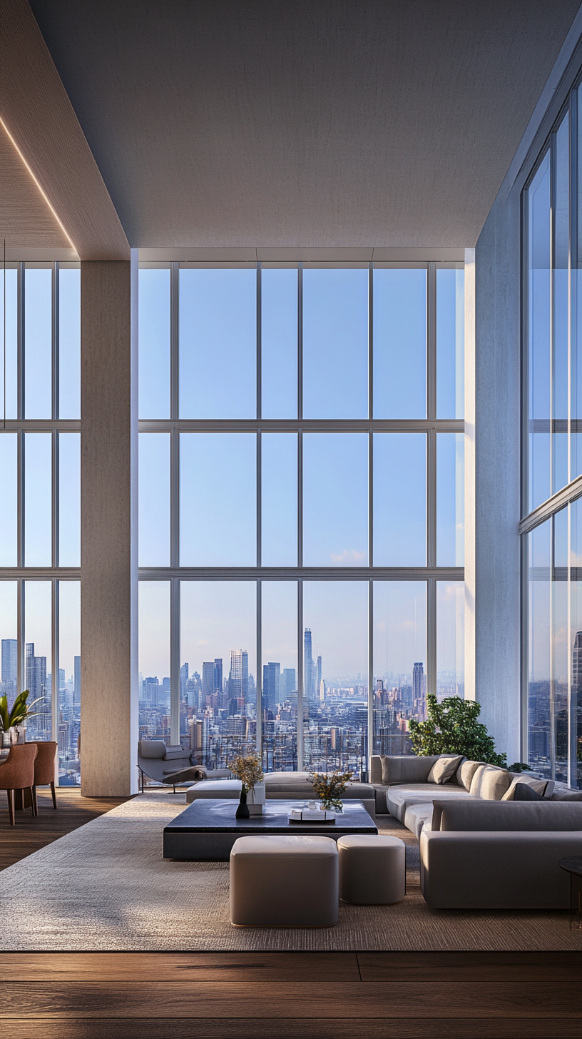 Modern highrise with full length windows showing cityscape