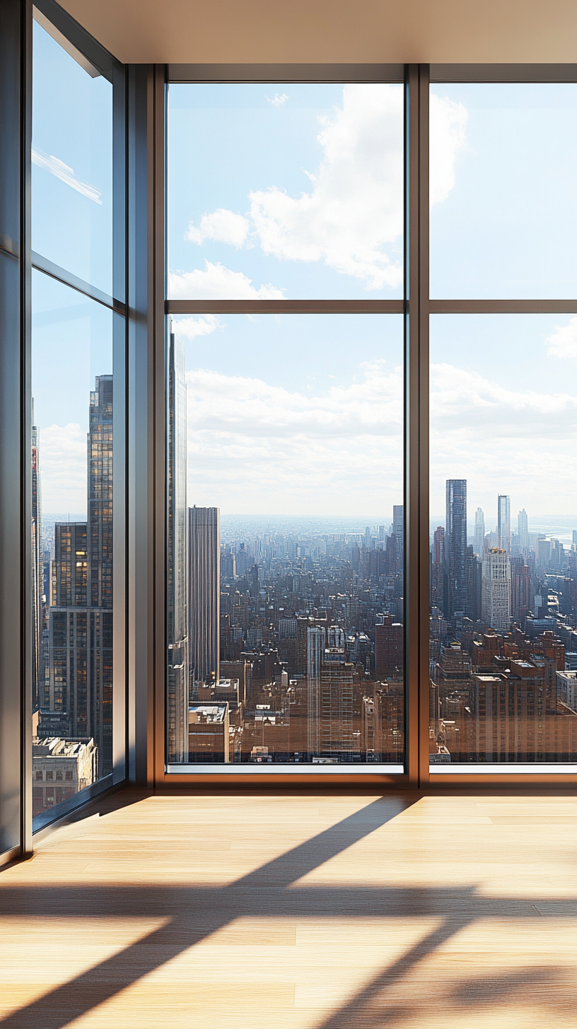 High-rise apartment with panoramic skyline views from floor-to-ceiling windows