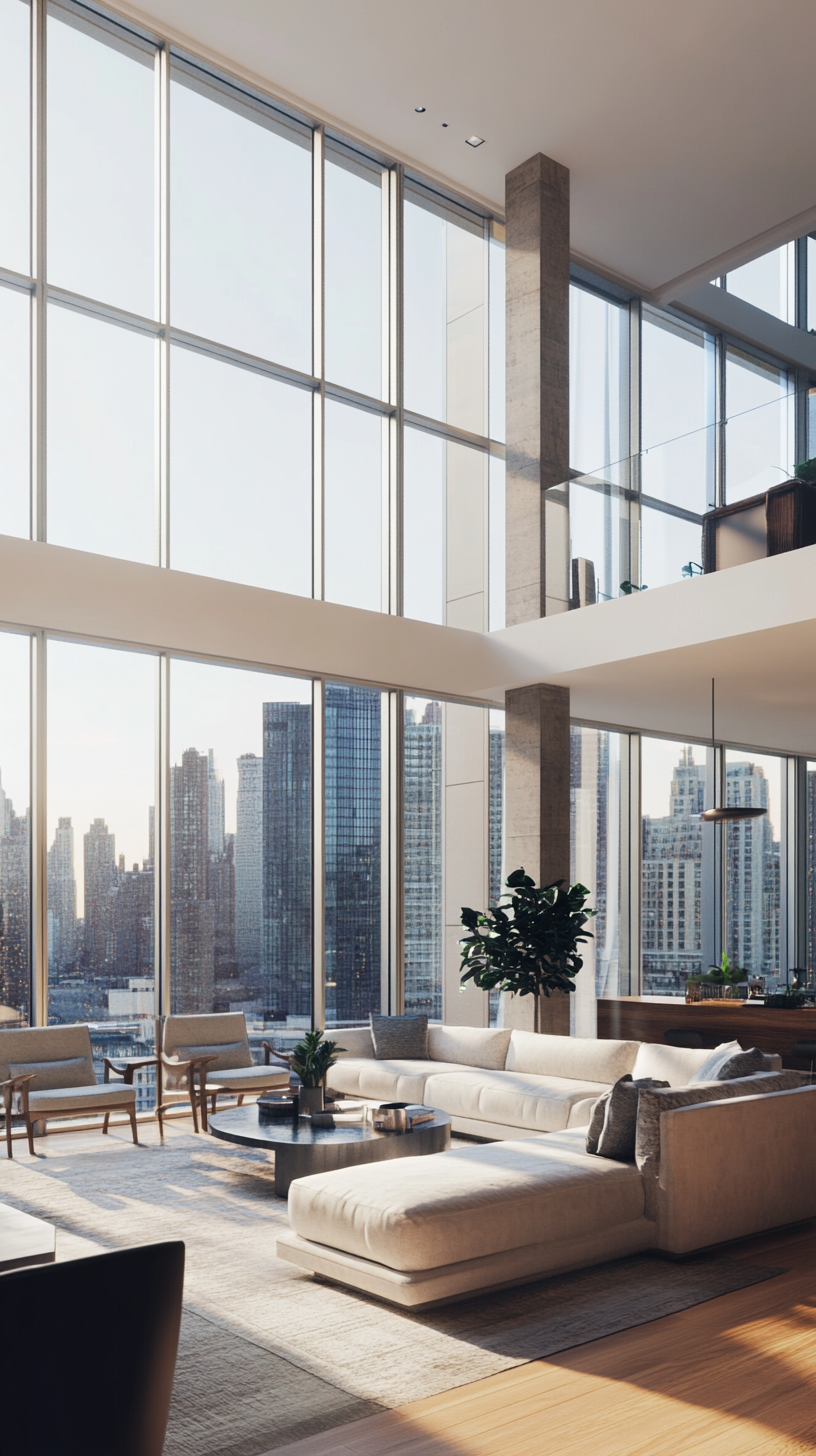 Contemporary high rise apartment with stunning skyline views from floor to ceiling windows.