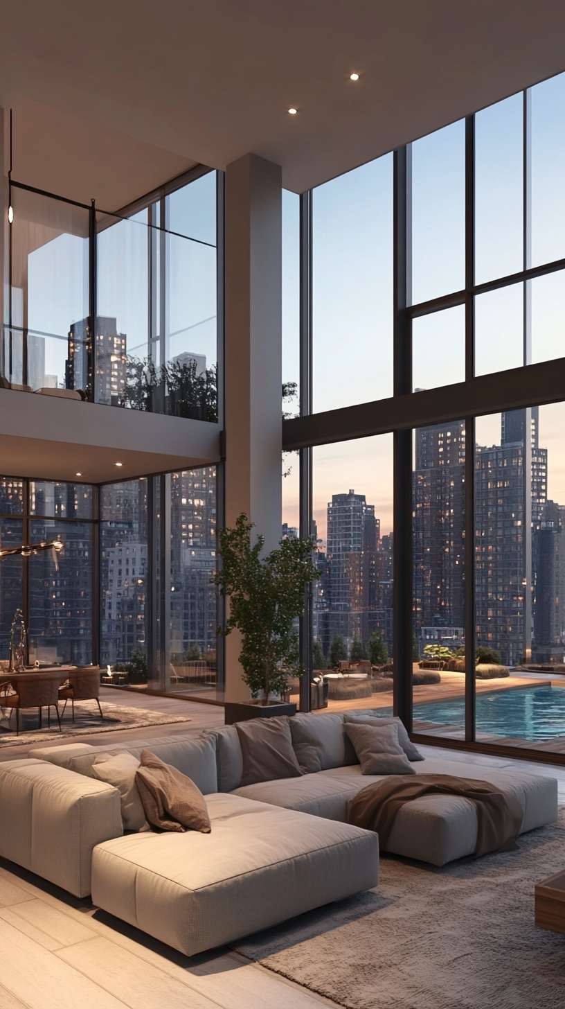 Contemporary high rise with skyline view through floor to ceiling windows