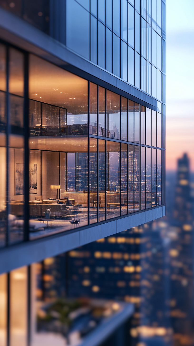 Modern high-rise apartment showcases panoramic skyline vistas from floor-to-ceiling windows