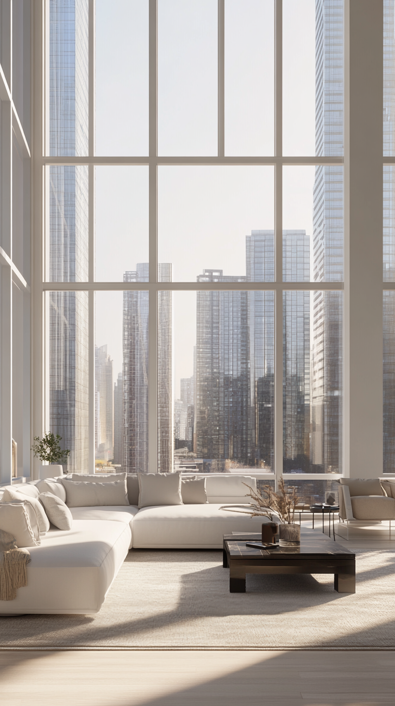 Contemporary highrise apartment with panoramic city views from floor to ceiling windows.