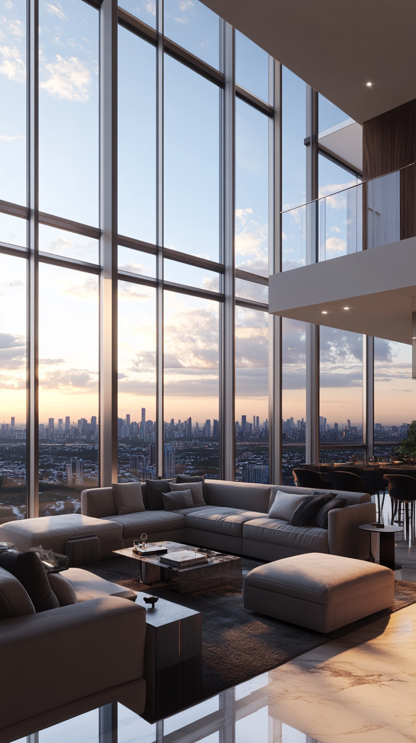 Modern high-rise apartment floor to ceiling windows skyline views
