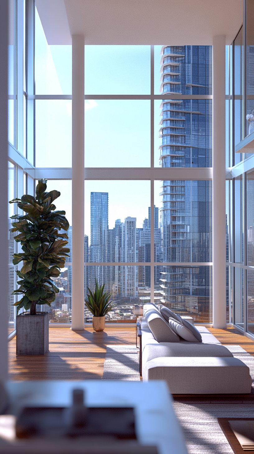 Contemporary Tower Apartment with Skyline Views Through Full-Length Windows