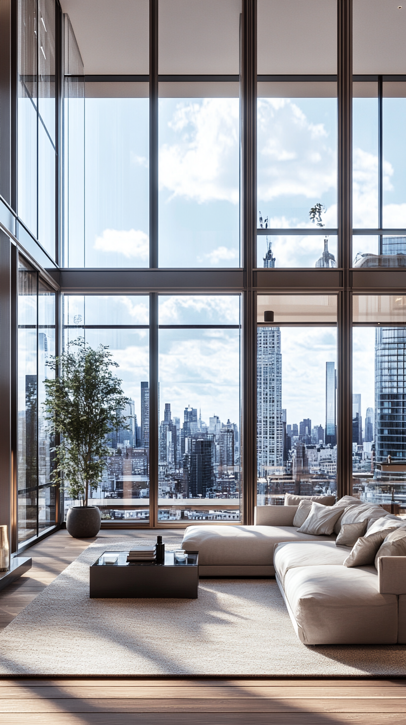 Contemporary high-rise apartment with floor to ceiling windows skyline views.