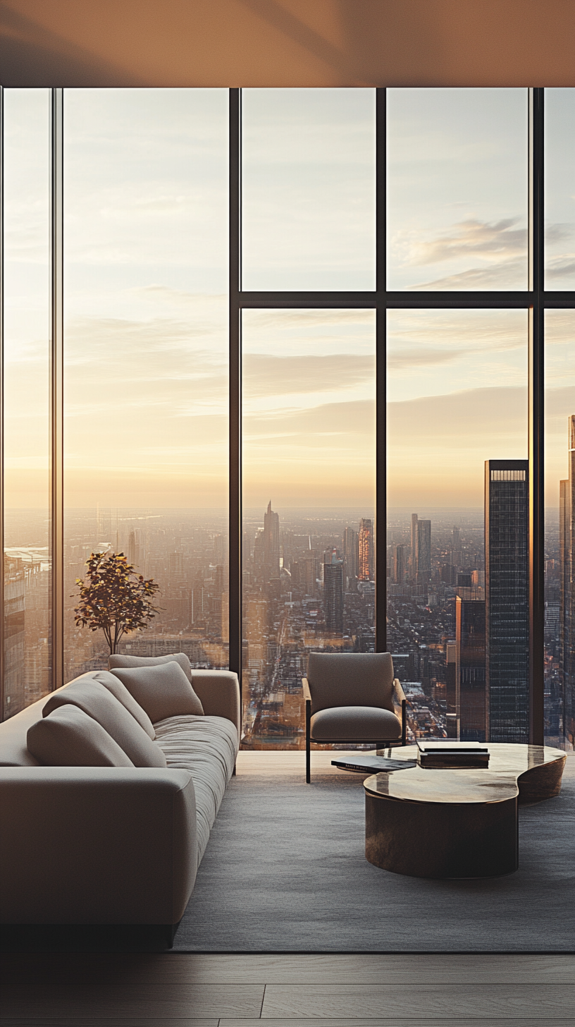 Skyscraper apartment with panoramic windows overlooking cityscape.