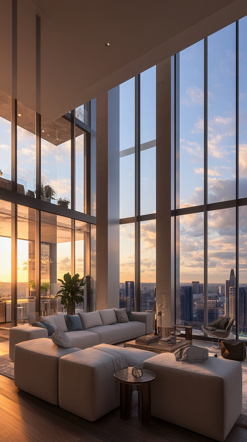 A modern apartment with tall windows showcasing city skyline vistas