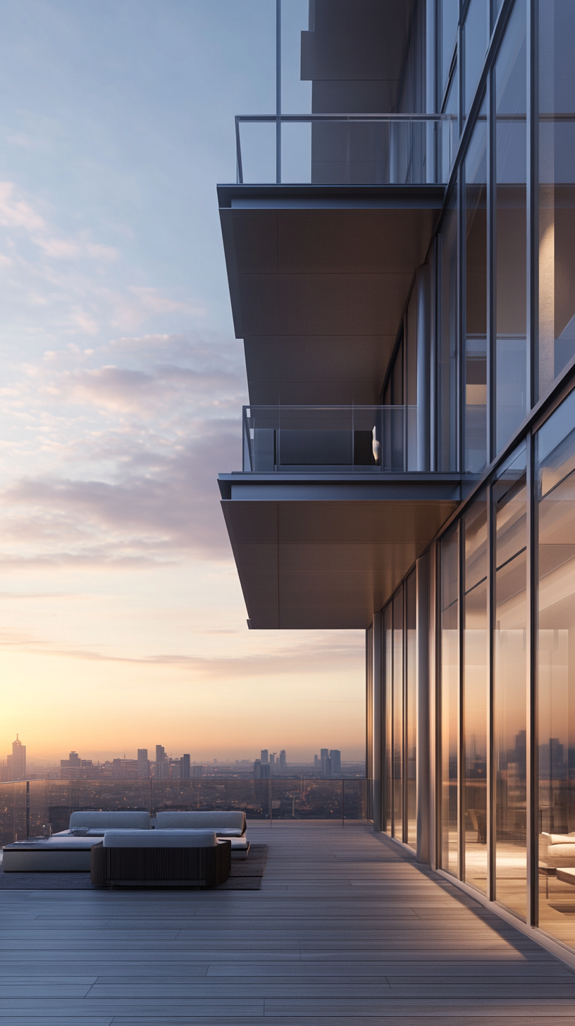Modern high-rise apartment with panoramic skyline views through floor-to-ceiling windows