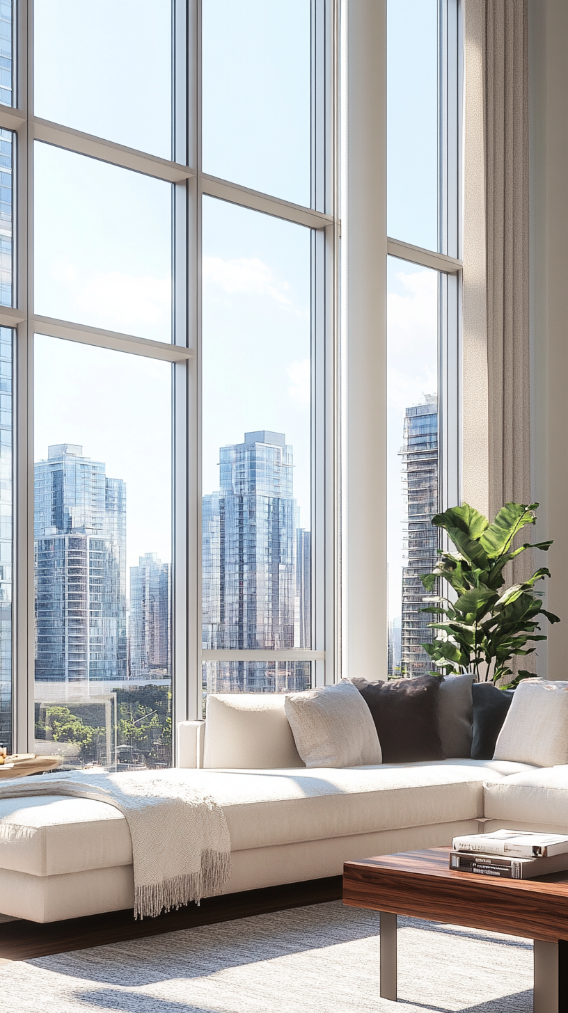 Modern high-rise apartment with panoramic skyline views from floor-to-ceiling windows