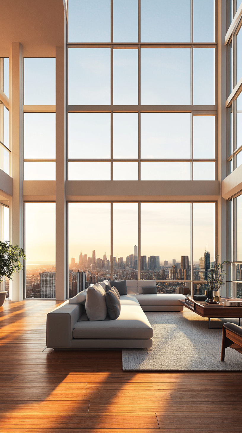 Modern high-rise apartment with tall windows providing cityscape views