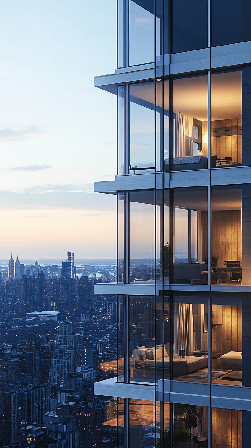 High-rise apartment with skyline view from floor-to-ceiling windows