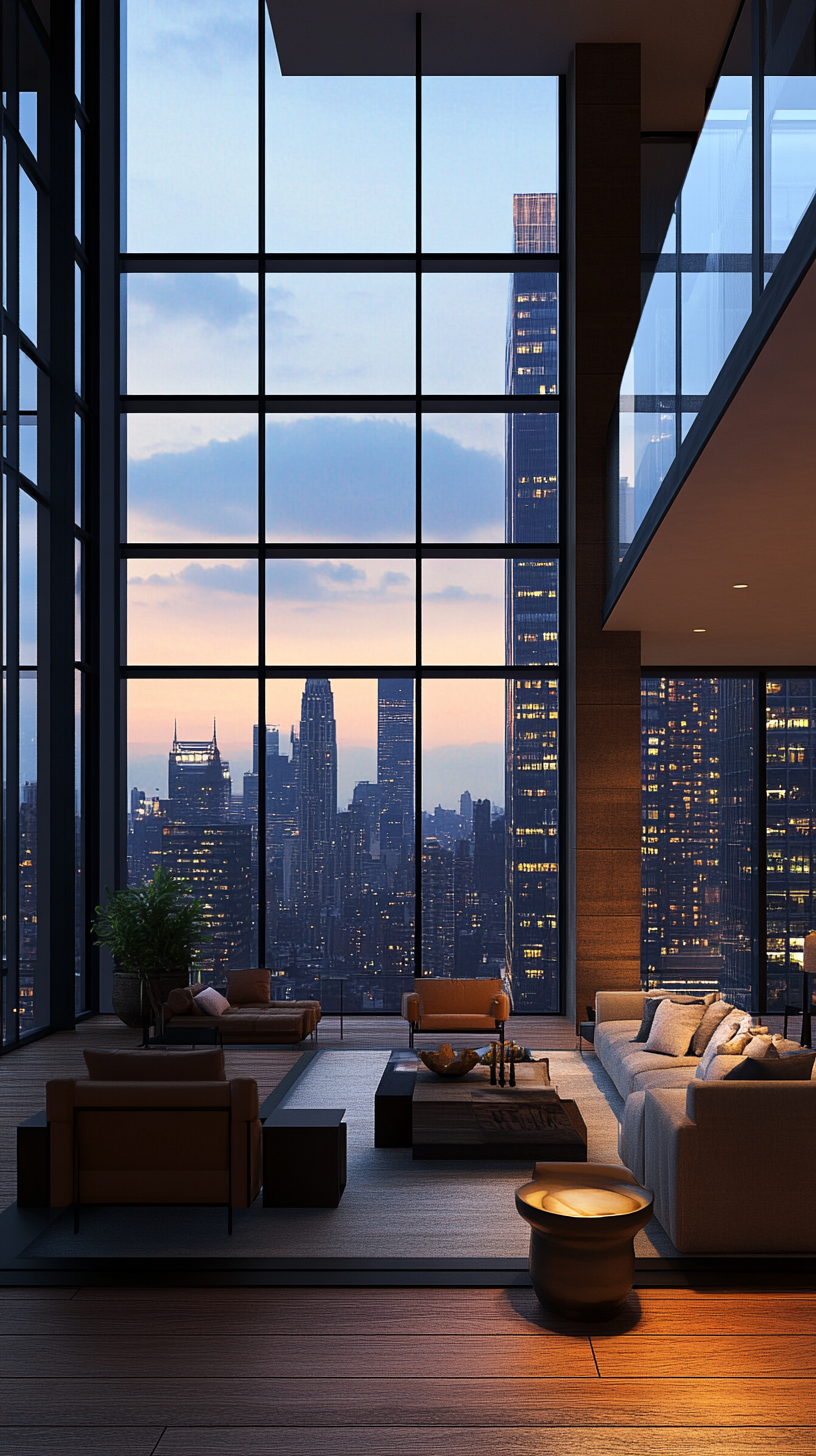 Modern High-Rise Apartment with Skyline View Windows