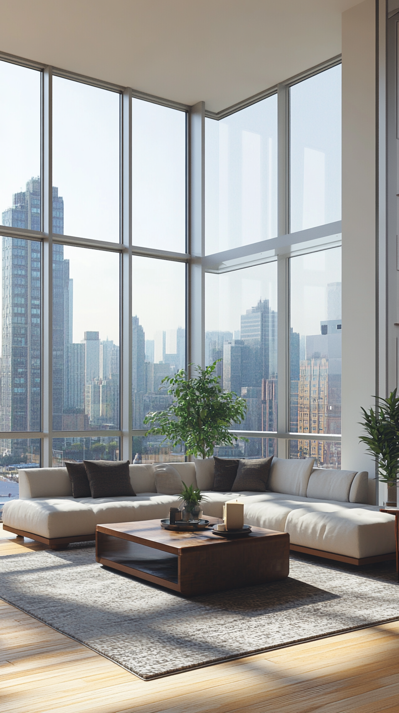 Contemporary high rise apartment floor ceiling windows offering skyline views.