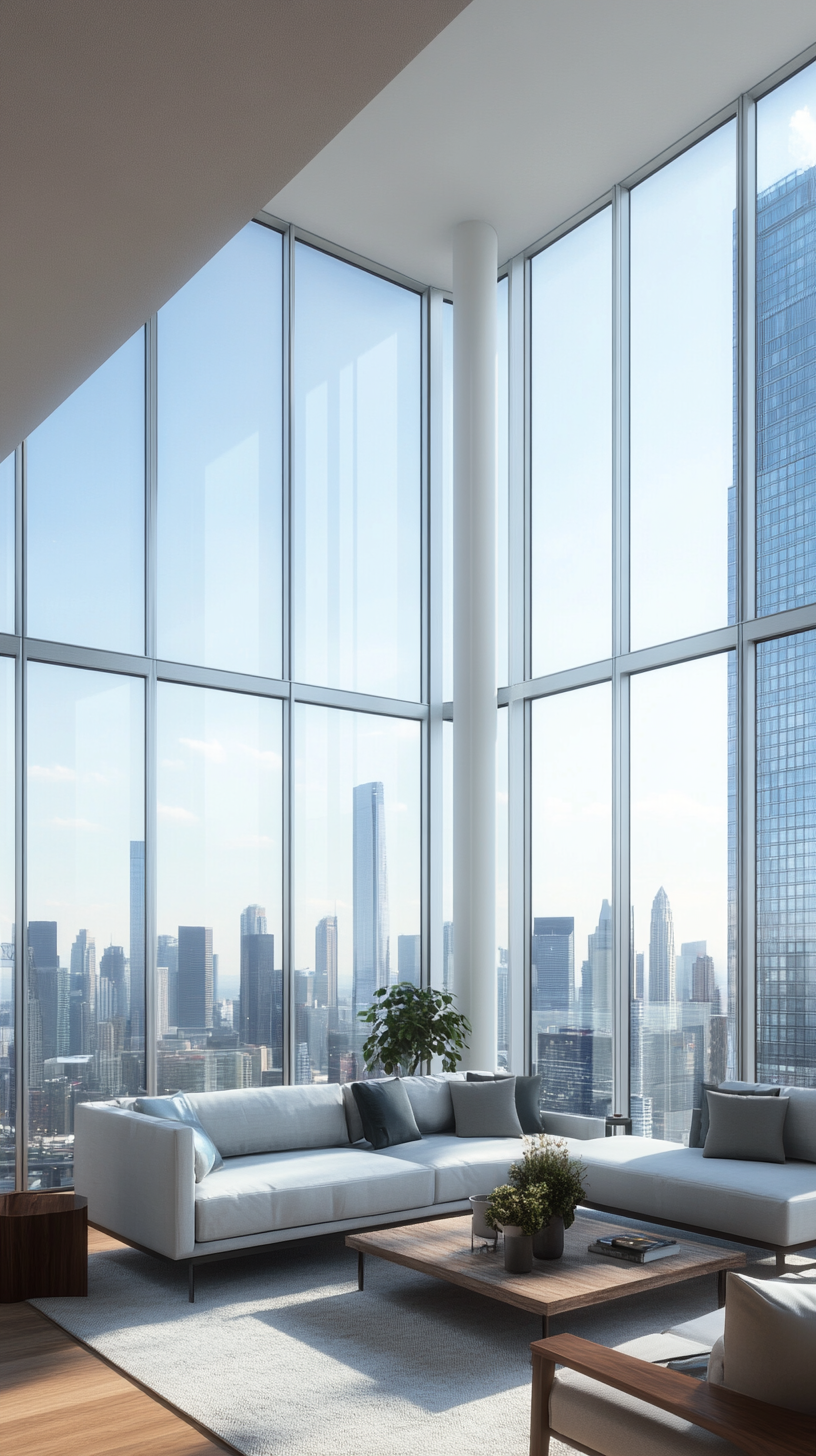 Picture of a modern high-rise apartment showcasing skyline views through floor-to-ceiling windows.