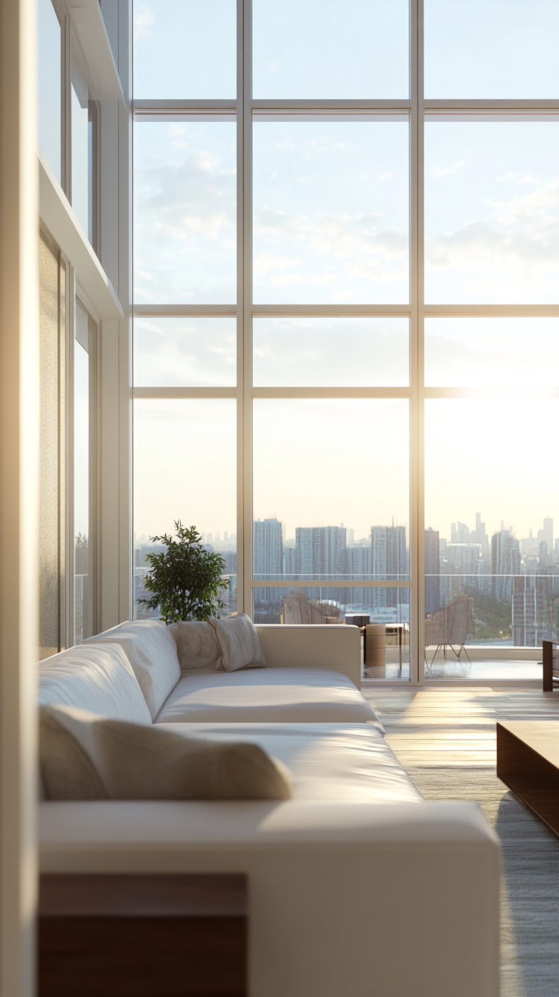 High-rise apartment with panoramic city views through floor-to-ceiling windows