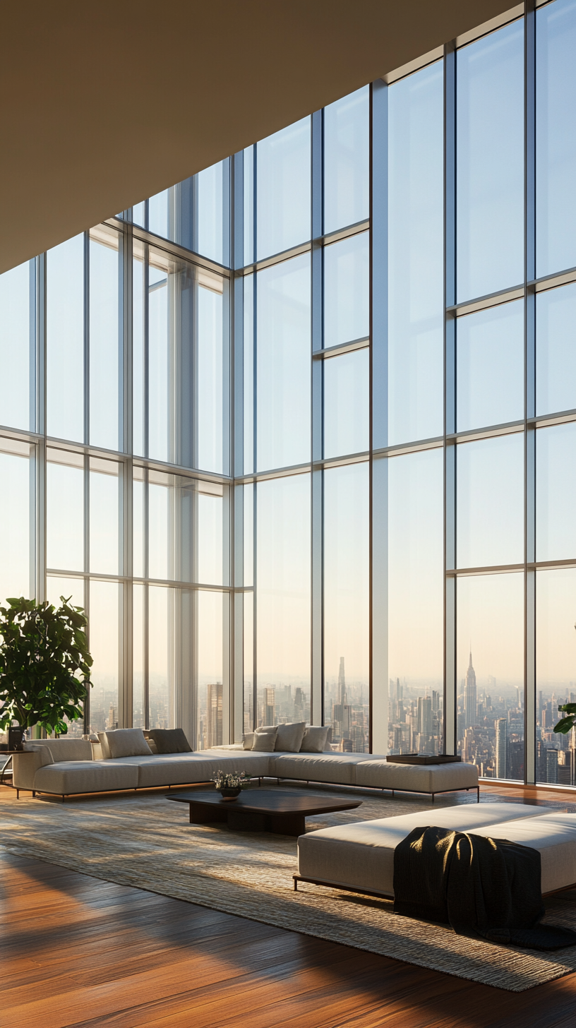 Contemporary high-rise apartment with panoramic skyline window views