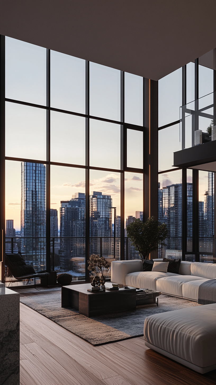Modern high-rise apartment with skyline view from floor-to-ceiling windows